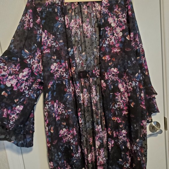 Worn Once--Black Floral Dotted Trench Duster Open-Tunic/Cardigan - Picture 10 of 15